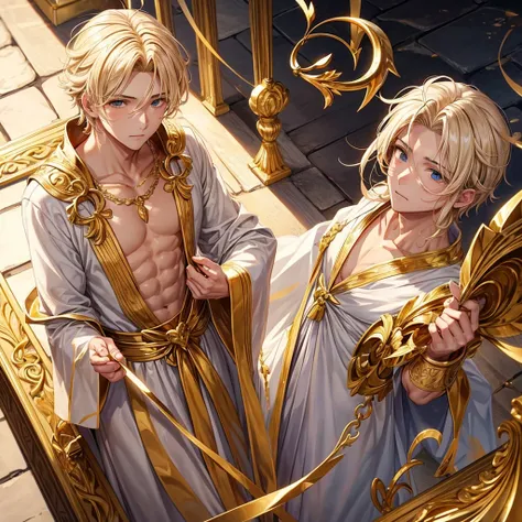 Make me a blond man wearing the robes of a Greek god He was Cupid so Make him with a grand, golden bow with heart details He will follow a clasp whose tip has a golden heart 

Em suas roupas tem detalhes vermelhos 