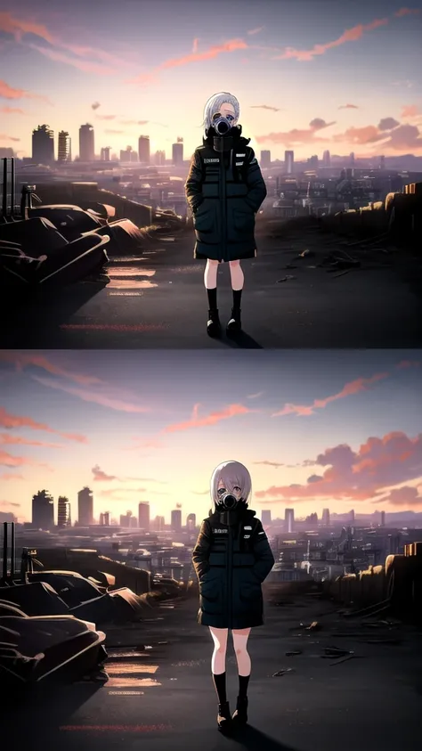 
a 20 year old girl, from the anime jujutsu kaisen, full body, from head to toe, short white hair, one eye blue and the other brown, with a detailed gas mask on her face, beautiful, full body, with a sniper, with a destroyed city in the background at sunse...