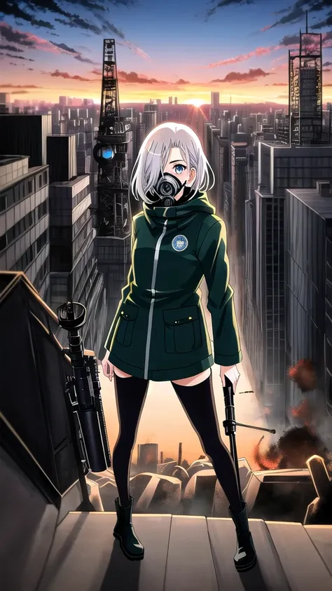 
a 20 year old girl, from the anime jujutsu kaisen, full body, from head to toe, short white hair, one eye blue and the other brown, with a detailed gas mask on her face, beautiful, full body, with a sniper, with a destroyed city in the background at sunse...