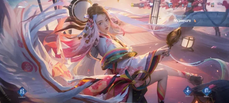 ((masterpiece)), nezuko, 1girl, bamboo, bit gag, brown hair, checkered sash, gag, gagged, gradient hair, hair ribbon, haori, japanese clothes, kimono, long hair, looking at viewer, multicolored hair, orange hair, pink eyes, pink kimono, pink ribbon, ribbon...