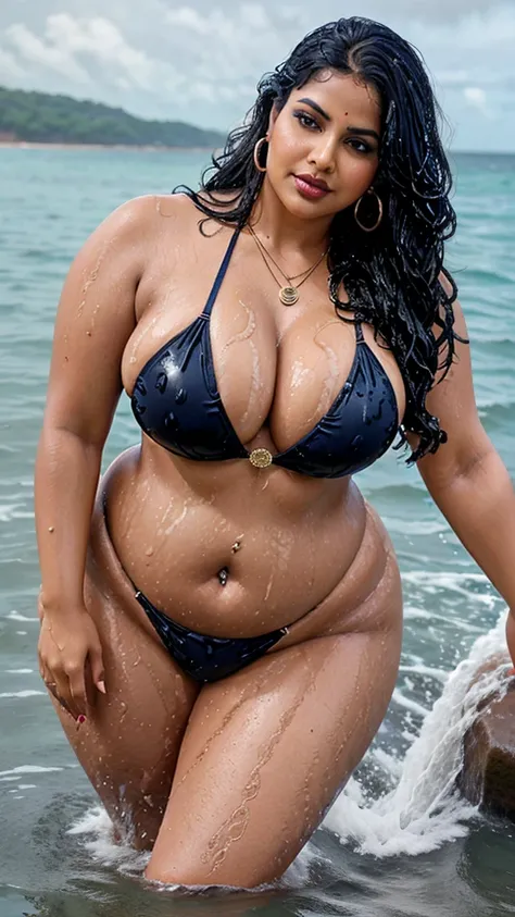 full body picture , BBW Wet curvy, wet Desi MOMMY showing her big ass  in sexy sexy thong cow pattern bikini and showing cleavage and in nose ring, many bangles in hands,earings, necklace ,lipstick ,navel,Indian, Chubby, showing her curves in sea water, se...