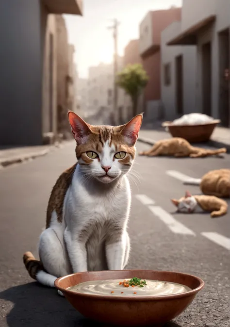 create an image of a starving injuried cat, laying in the middle of the street. the cat is crying. The background shows a group of humans laughing at him. the atmosphere is dramatic and touching, highlighting the sad situation. there is a empty bowl with n...