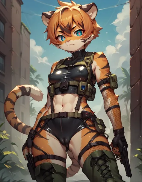 score_9, score_8_up) score_7_up, score_6_up, solo, tiger, kemono, anthro, cute, short hair, blue eyes, white pupils, sexy pose, orange fur, tactical harness, croptop, thigh high boots, assassin girl, mesh body suit, tactical gloves, latex, small breasts, o...