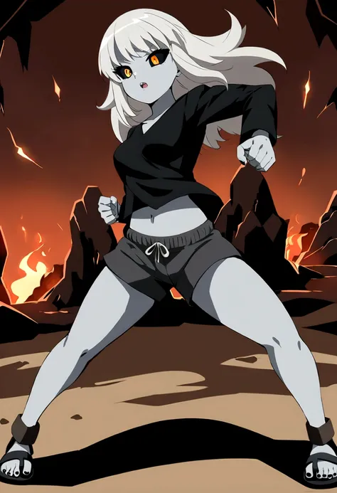 anime style girl 1,70 long light gray hair gray skin shark teeth and eyes with black sclera gray irises and light gray pupils very thick and strong legs but no breasts doing a combat stance in a combat arena surrounded by lava while dressed in a thick blac...