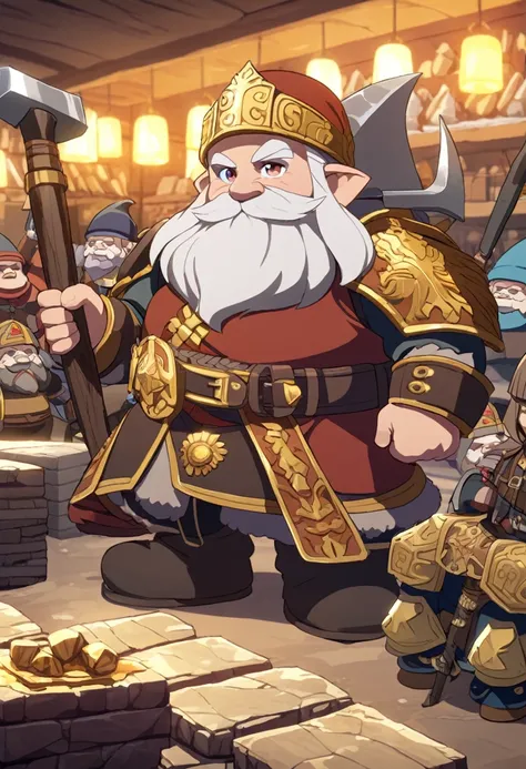 Dwarf Man, short stature, long hammer, arms dealer, shop with weapons and armor, gnome mine, long beard with pigtails, silver and gold-encrusted shoulder pads