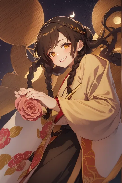 girl with brown skin, long dark brown hair braided under ponytails, rose hair accessory, he has joyful bright yellow eyes, joyful smile,  , Chinese-style clothing, Kimono with flowers,  short sleeves, long dress, background of Japanese city in the night mo...