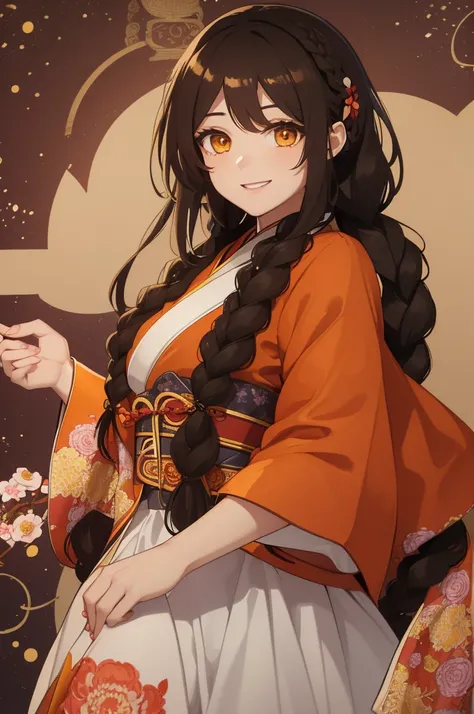 girl with brown skin, long dark brown hair braided under ponytails, rose hair accessory, he has joyful bright yellow eyes, joyful smile,  , Chinese-style clothing, Kimono with flowers,  short sleeves, long dress, background of Japanese city in the night mo...