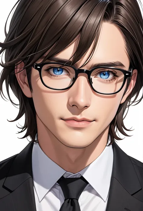 adult male, brunette, medium-length hair, blue eyes, black-rimmed glasses 