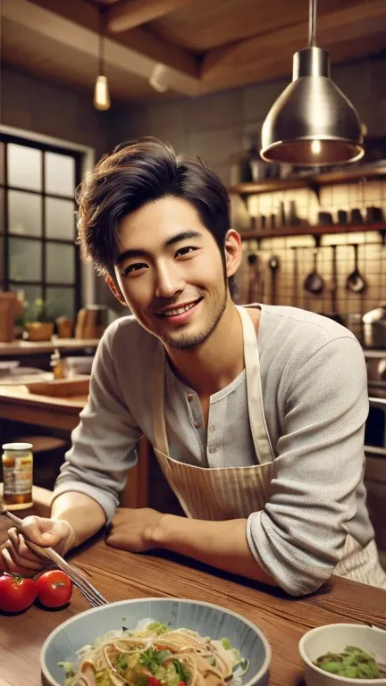 Highest quality,photograph,masterpiece,Japanese men,Handsome,smile,Short Hair,cooking