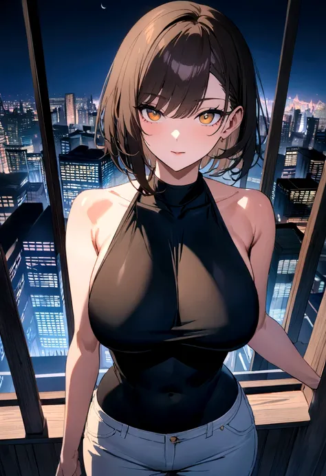 ((Midnight, Best quality, 8k, Masterpiece :1.3)), Whole body, Long legs, Sharp focus :1.2, A pretty woman with perfect figure :1.4, Slender abs :1.1, ((Dark brown hair, Big breasts :1.2)), (black tshirt, Jean bib, Standing:1.2), ((Night city view, Rooftop:...