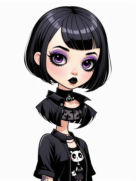 kawaii cute goth girl in a cartoon style, 1 girl,standing alone, trunk, gazing at viewer, White background, Bob Cut, shorth hair, multicolored hair, make up , parted lips, Black Lips, eyeliner, Gothic, goth girl