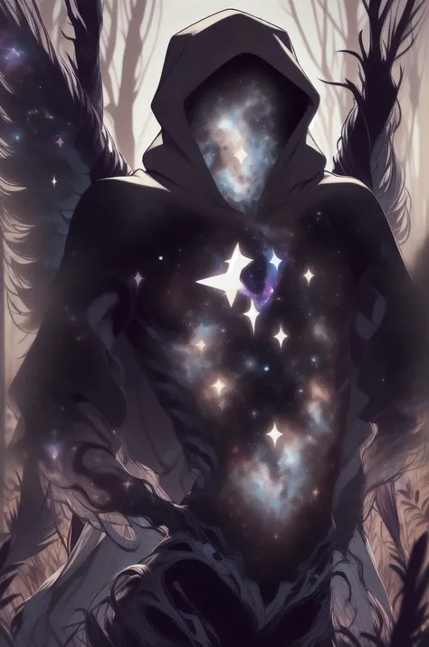 dark celestialskin body , void cosmic body, colored skin, flat color, jet black skin, a white cloak, hood on, holding an open book infront of him, silhouette,1boy, 
portrait, upper body,in a forest , front view, holding a book, a flying book, flying pages.