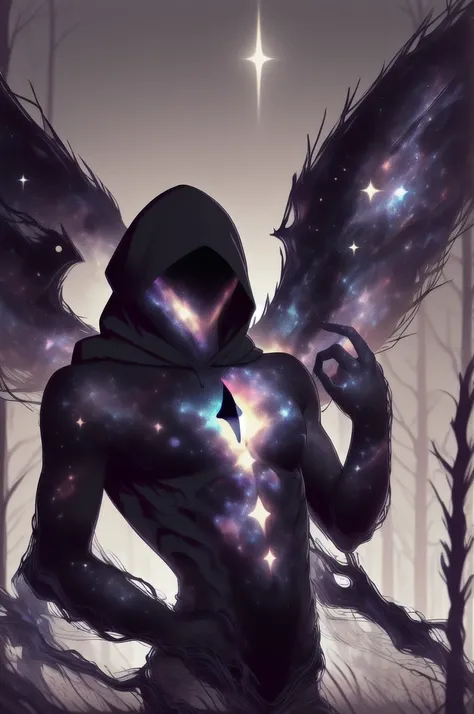 dark celestialskin body , void cosmic body, colored skin, flat color, jet black skin, a white cloak, hood on, holding an open book infront of him, silhouette,1boy, 
portrait, upper body,in a forest , front view, holding a book, a flying book, flying pages.