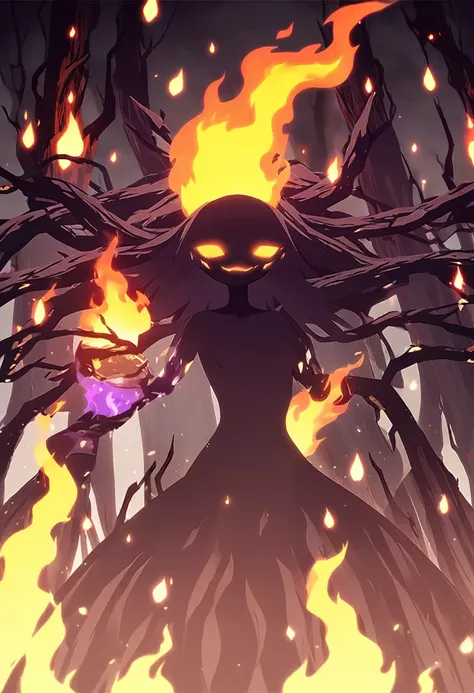 Dark Elemental, fire, the creature looks like a genie, gloomy body, dark aura, The Burning Forest, 