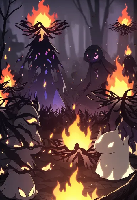 Dark Elemental, fire, the creature looks like a genie, gloomy body, dark aura, The Burning Forest, 