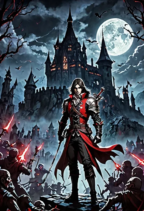 castlevania inspired Archer, creepy ambiance, anime style, horror theme, surrounded by zombies, Draculas castle backdrop, futuristic fantasy
