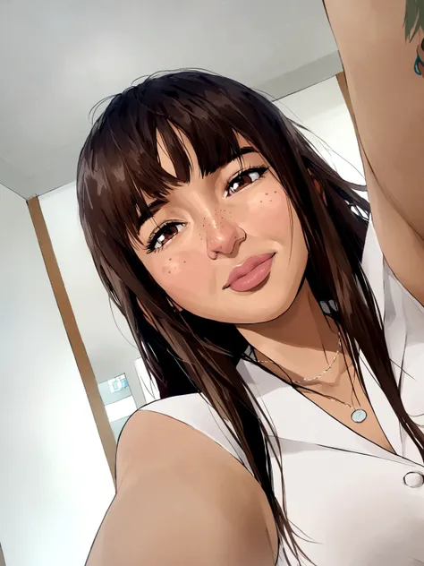 Young woman with long brown hair and short bangs parted in the middle, with white blouse presenting work at college, brown eyes, few freckles on the nose, square face (Pixar-style)