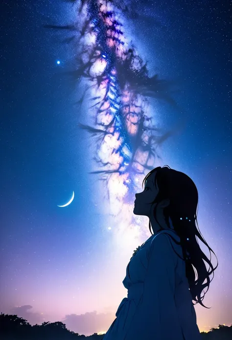 mate piece, silhouette, orihime's sadness at being separated by the milky way is conveyed, as she stretches out her right arm an...