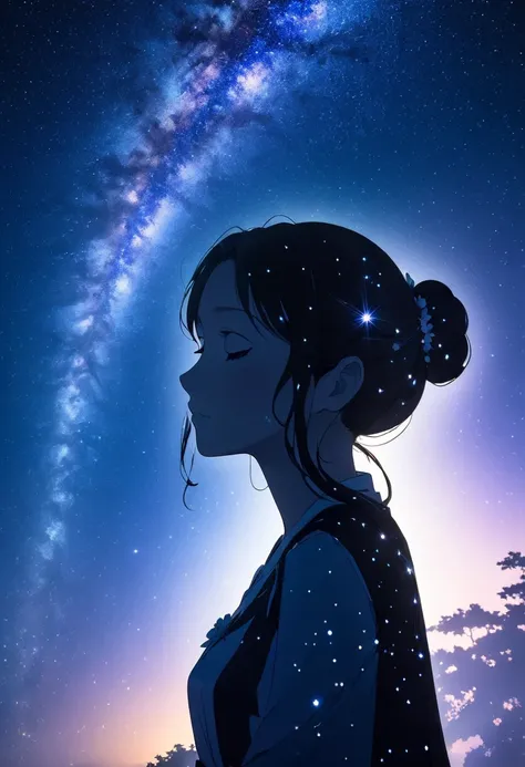 mate piece, silhouette, orihime's sadness at being separated by the milky way is conveyed, as she stretches out her right arm an...