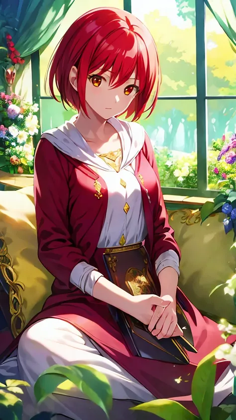 masterpiece, best quality, illustration, 1girl, solo, looking at viewer, , , , , shirayuki-hime, red hair, red eyes, , An enchanted forest where magical creatures and plants abound, High resolution