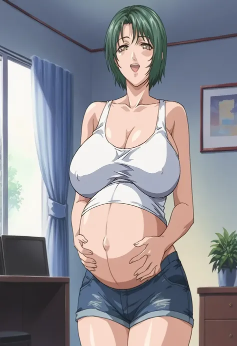 score_9, score_8_up, source_anime Bibl3, milf, housewife, green hair, short hair, huge breasts, wide hips, viewed from front, standing in living room, vacant smile, staring at viewer, pregnant, open mouth, looking at viewer, empty eyes, multicolor tank top...