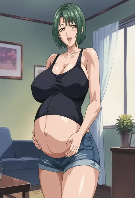 score_9, score_8_up, source_anime Bibl3, milf, housewife, green hair, short hair, huge breasts, wide hips, viewed from front, standing in living room, vacant smile, staring at viewer, pregnant, open mouth, looking at viewer, empty eyes, multicolor tank top...