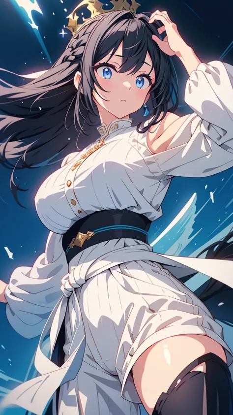 best quality, extremely detailed, anime style adult 1girl, long hair down to the waist, straight hair, ((dark black hair with bluish)), ponybun,crown braid,beautiful detailed eyes, pinched eyes, dark blue eyes, huge breasts,curvy,((((white cool prince clot...