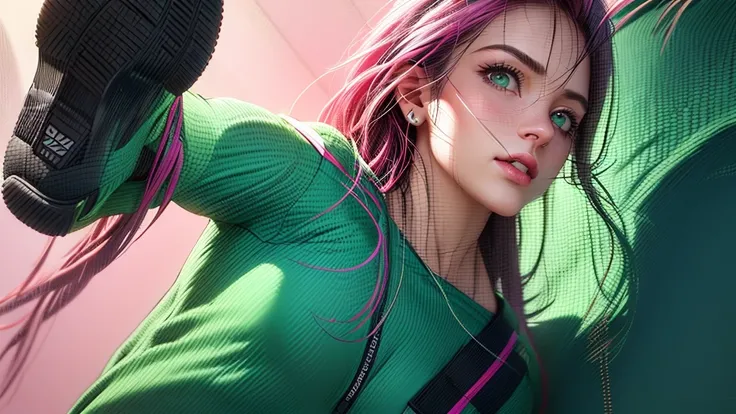 beautiful detailed eyes, beautiful detailed lips, extremely detailed eyes and face, longeyelashes, 1girl, Sakura Haruno, pink hair, long hair, green eyes, black sports pants, white sports top, cleavage, sexy, sports shoes, in a gym, (best quality,4k,8k,hig...