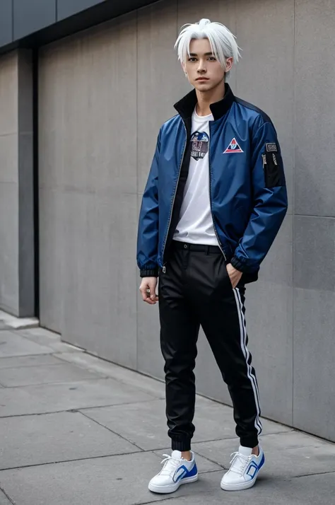 Anime boy with white hair, blue jacket and black pants with white shoes