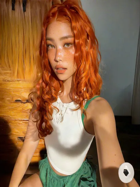 Arafa woman with red hair and freckled hair sitting on a bed, madison beer like leeloo, com curly red hair, copper colored curly hair, hair orange, orange skin and long, fiery hair, bright hair orange, she has long redhair orange, long wavy hair orange, ha...