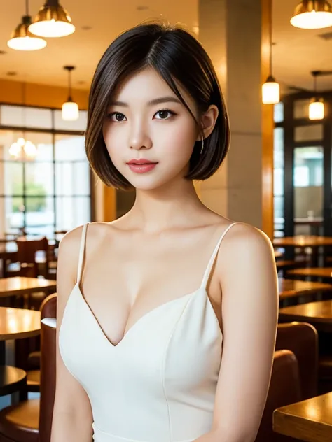 (a beautiful young japanese woman, detailed asian face, gorgeous young asian woman, short hair, white dress, the cowboy shot, photorealistic, masterpiece, best quality, high resolution, no background, cafe interior background)