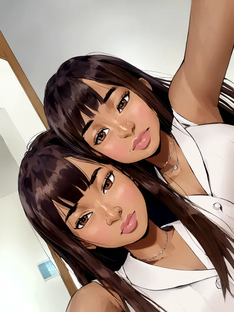 Young woman with long brown hair and short bangs parted in the middle, with white blouse presenting work at college, brown eyes, few freckles on the nose, square face. Pixar-style, brown skin