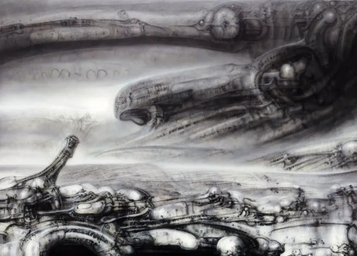 giger_style, a painting of (biological style scenery), (neoplasticism:liminal void:0.1),a landscape under nebulous sky, dieselpu...