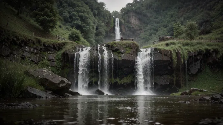 4k, Undertal Waterfall, rain, dark, gloomy, mysterious, grass, waterpudle