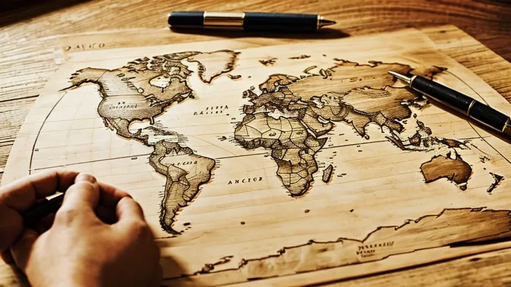 Age of Exploration era known-world map sprawled across a sunlit wooden table, hand-drawn style, parchment texture, high detail, warm glow, pen and ink, ultra clear.