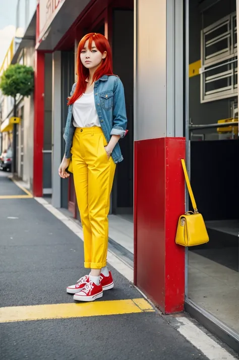 anime girl with red hair, yellow pants and red shoes