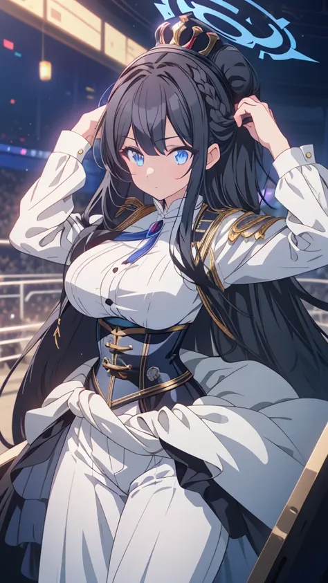 best quality, extremely detailed, anime style adult 1girl, long hair down to the waist, straight hair, ((dark black hair with bluish)), ponybun,crown braid,beautiful detailed eyes, pinched eyes, dark blue eyes, huge breasts,curvy,((((white cool prince clot...