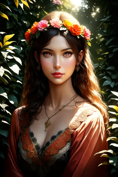 a beautiful girl in a garden, 1girl, detailed face, detailed eyes, detailed lips, beautiful long hair, flower crown, colorful dress, sunlight, golden hour, vibrant colors, lush greenery, (best quality,4k,8k,highres,masterpiece:1.2),ultra-detailed,(realisti...