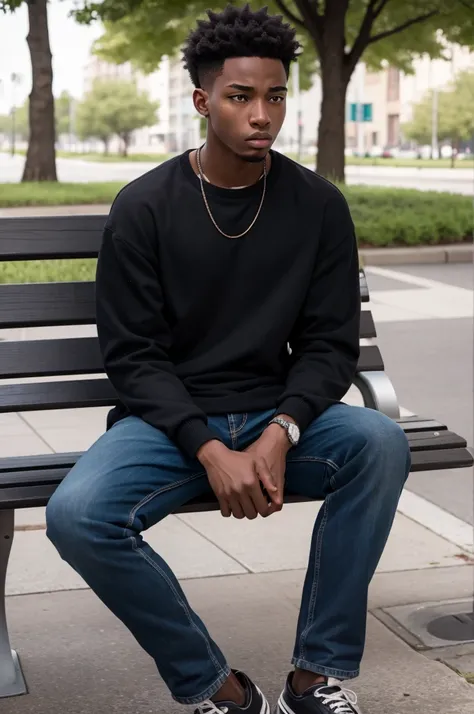 Young sad black man sitting on park bench 