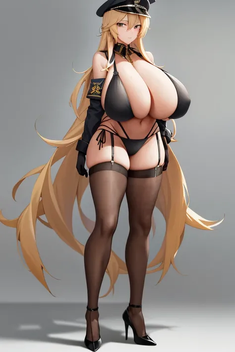 A woman，Long blond hair，Wear a military cap，Wearing a black bikini，Long legs，Nipple protrusion，Twenties，exposed，Black high heels，Huge breasts，超级Huge breasts，Standing