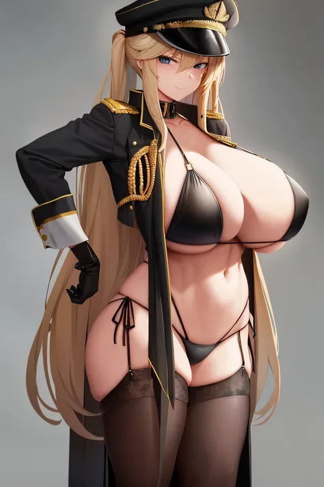 A woman，Long blond hair，Wear a military cap，Wearing a black bikini，Long legs，Nipple protrusion，Twenties，exposed，Black high heels，Huge breasts，超级Huge breasts，Standing