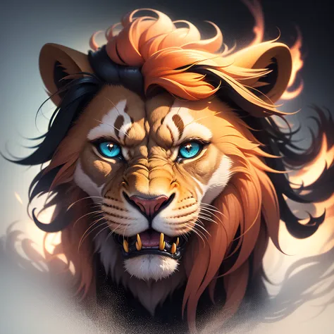 Professional graphic design flat vector art, lion turns right, exudes aggression with clean lines and sharp geometric shapes, highlighting modern and futuristic vector art style. Its fur, a stunning mosaic of blues and fiery oranges, shimmers with an other...