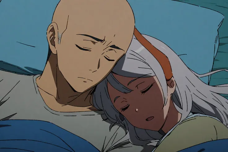 anime drawing, , a man and a woman asleep on each other&#39;s shoulders, anime style, a bald man, a woman with long white hair and brown skin and rabbit ears, tender, romantic, tender, romantic,  They are both a little blushing., it&#39;s night, HD, well i...