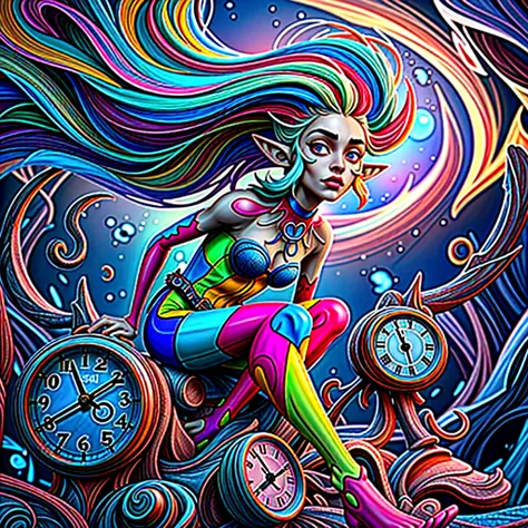 A captivating 3D rendered masterpiece by Mr. Cepriu, featuring a whimsical and fantastical elf with a stunning, colorful appearance. The elfs body is adorned in bright neon multicolor latex, with ultra-detailed glass eyes that vividly express emotions. Flo...