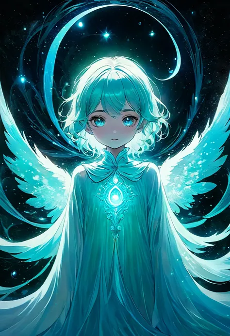 Create an enchanting artwork featuring a small, ethereal soul-like entity as the focal point. This entity should have a translucent, cyan-colored body that radiates a soothing cyan aura, making it appear both mystical and inviting. The entity should be por...