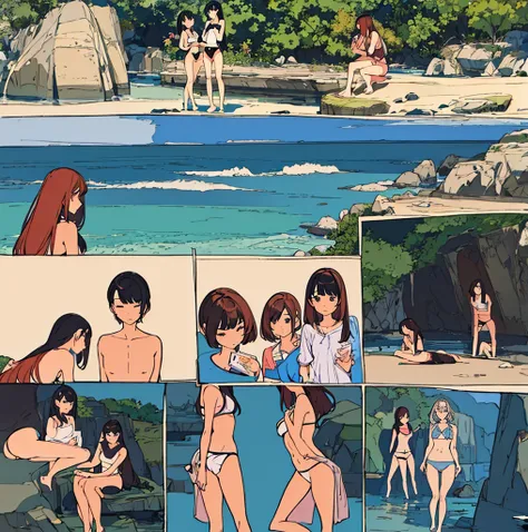 a girl crouches on a rock near the water in front of her navel flat chest, the back view of a lady in tight panties on her phone device and showing off her back, four pictures with different expressions in the same drawing style each shows one woman and tw...