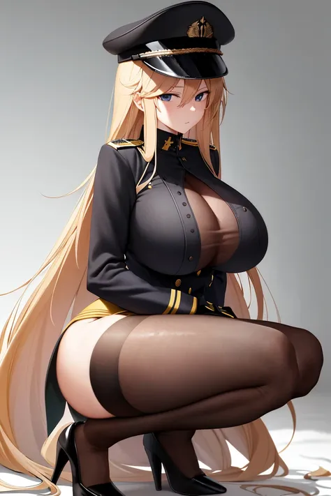 A woman，Long blond hair，Wear a military cap，Wearing a black bikini，Long legs，Nipple protrusion，Twenties，exposed，Black high heels，Huge breasts，超级Huge breasts，Squatting on the ground