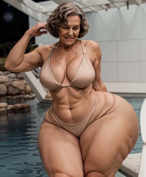 Beautiful elderly woman with amazing body wearing a beige swimsuit at night