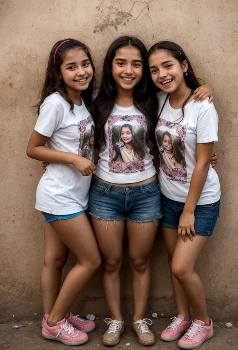 photoreal portrait of 3 happy girls 15 years old in Comuna 13, medellin, colombia, t-shirts
