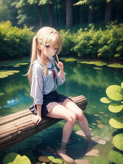 Anime girl sitting on a log in a pond with a paddle, Put your index finger on the ground